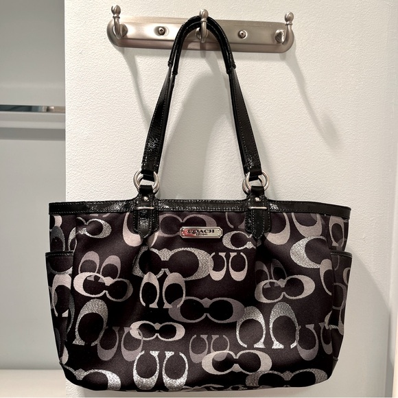 Authentic Coach Gallery Signature 3 Color Lurex Tote Bag - Black/Gray/Silver - Picture 1 of 12